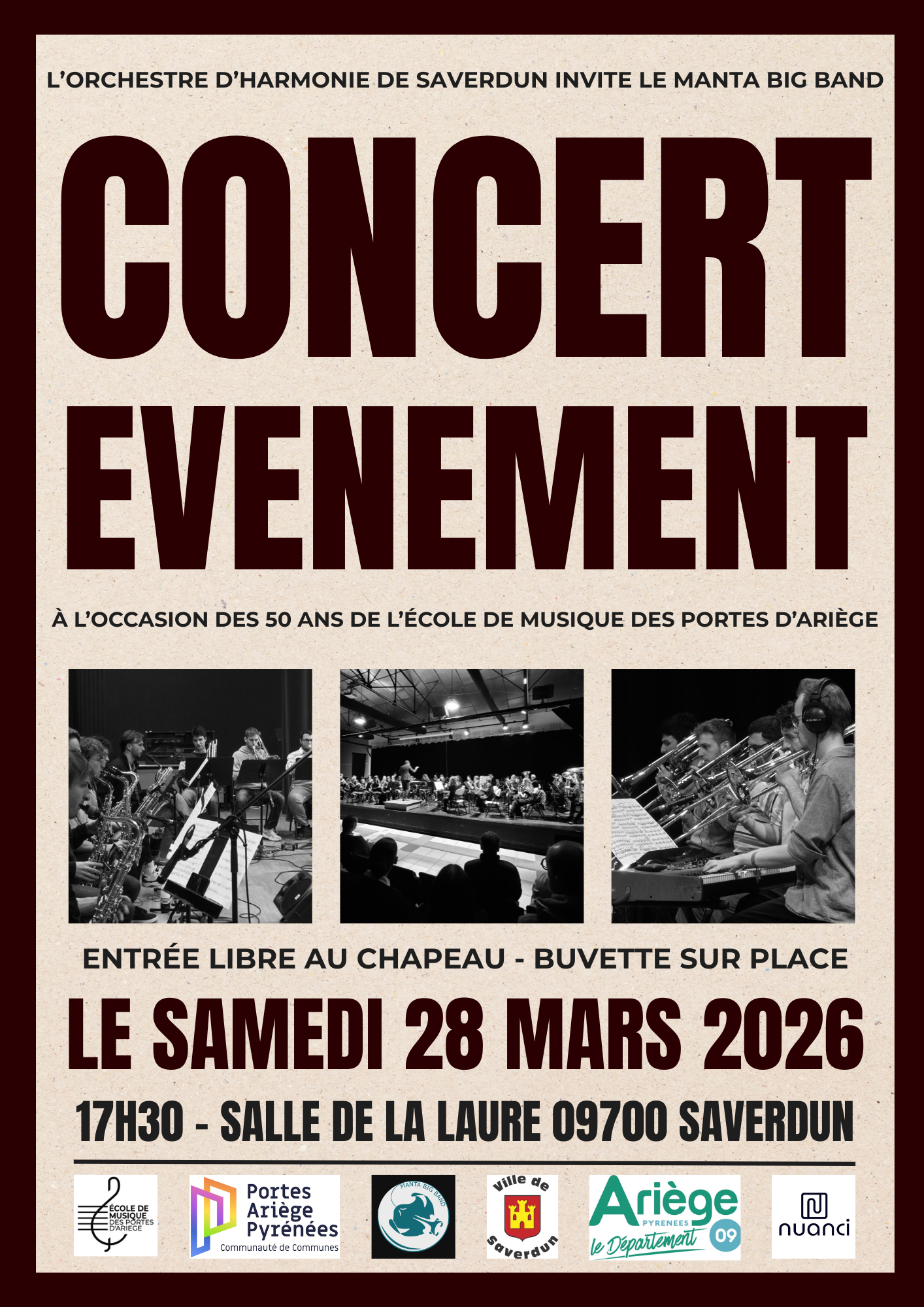 Concert orchestre d'harmonie et Manta Big Band — École de Musique des Portes d'Ariège, Salle de la Laure Saverdun