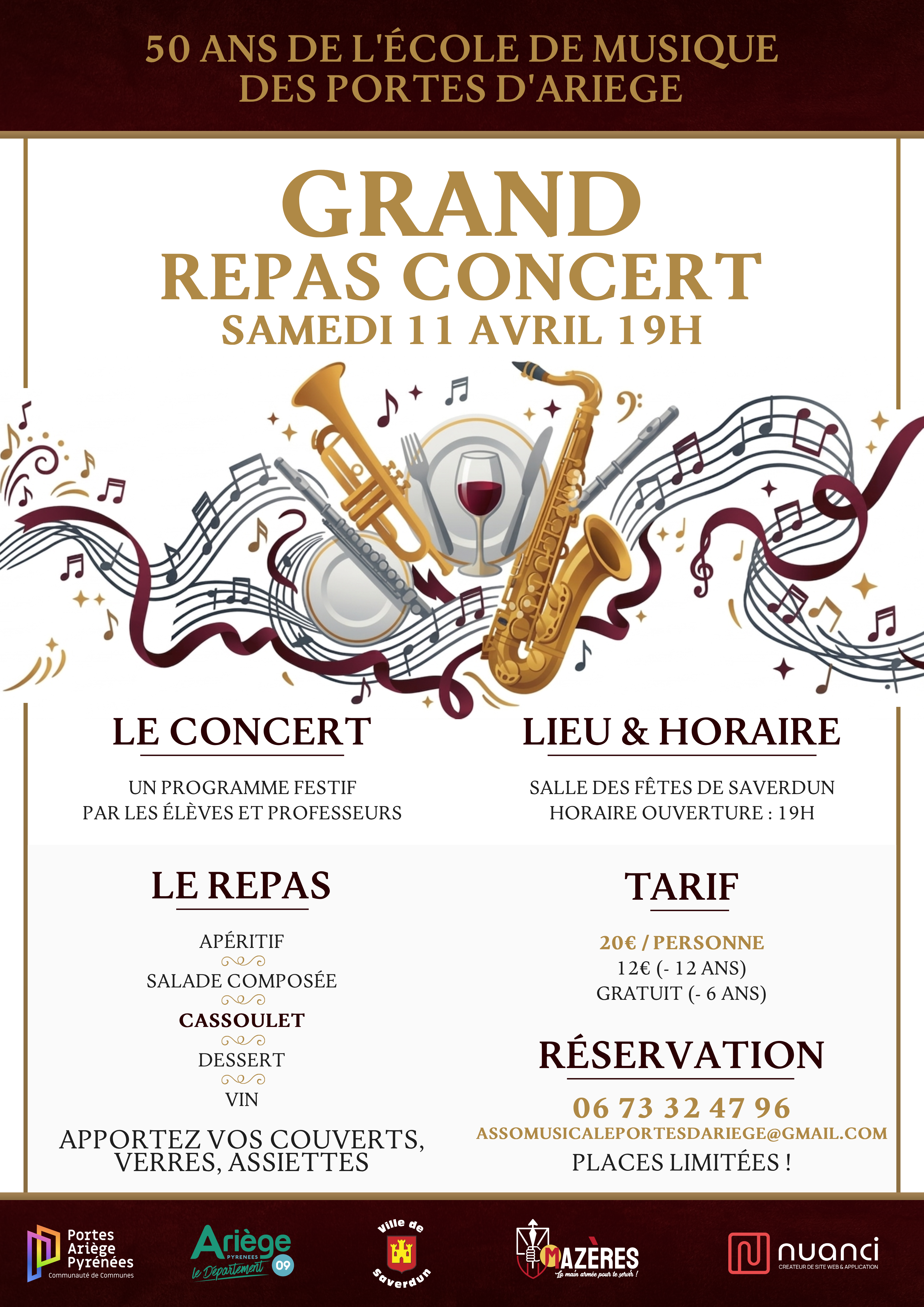 Grand Repas-Concert — 50 ans de l'École de Musique des Portes d'Ariège — Salle des fêtes de Saverdun